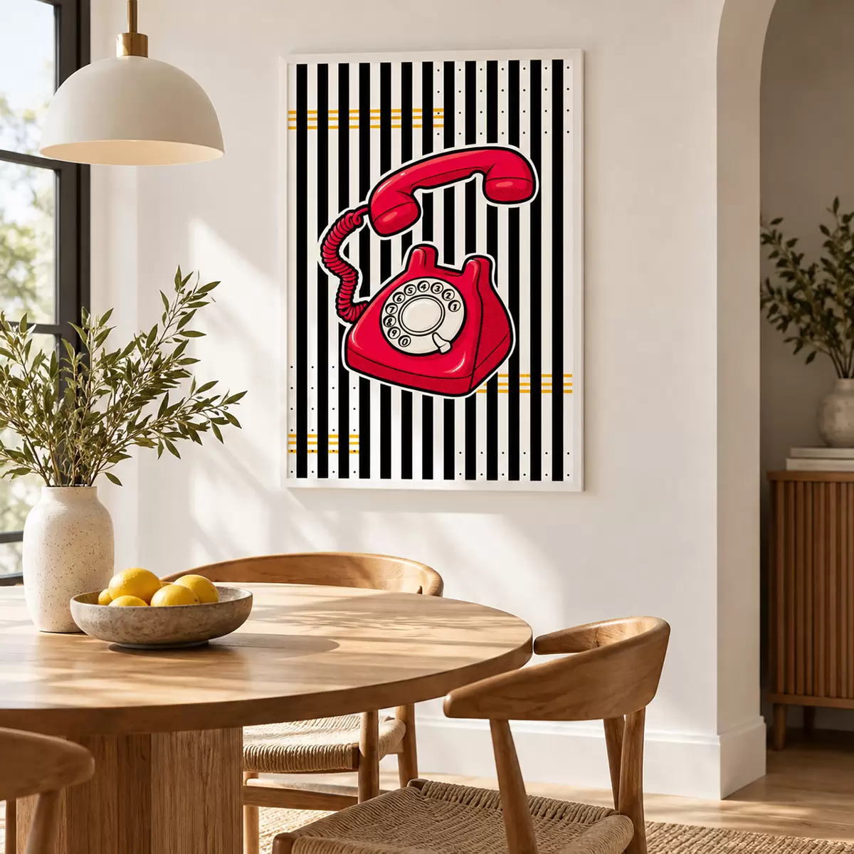 Plakat Retro czerwony telefon na tle wyrazistych pasków f50784