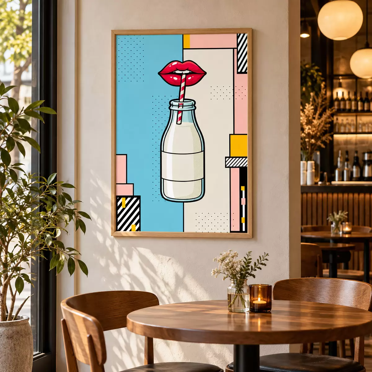 Plakat Ilustracja przedstawiająca osobę popijającą napój ze stylowej butelki f50786
