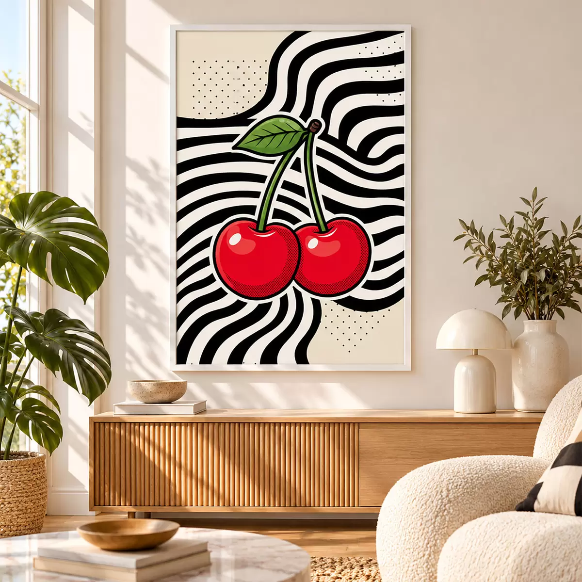 Plakat Żywe wiśnie na tle wyrazistych wzorów f50787