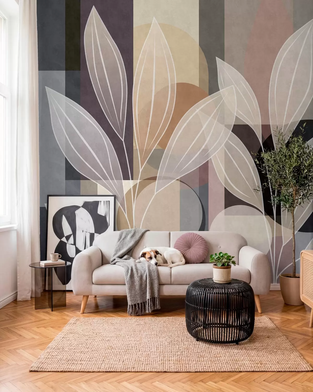 Fototapeta stylizowane liście na geometrycznym tle w odcieniach beżu i ciemnych kolorów w05987