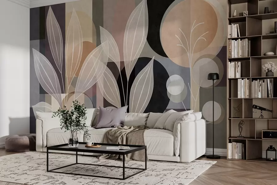 Fototapeta stylizowane liście na geometrycznym tle w odcieniach beżu i ciemnych kolorów w05987