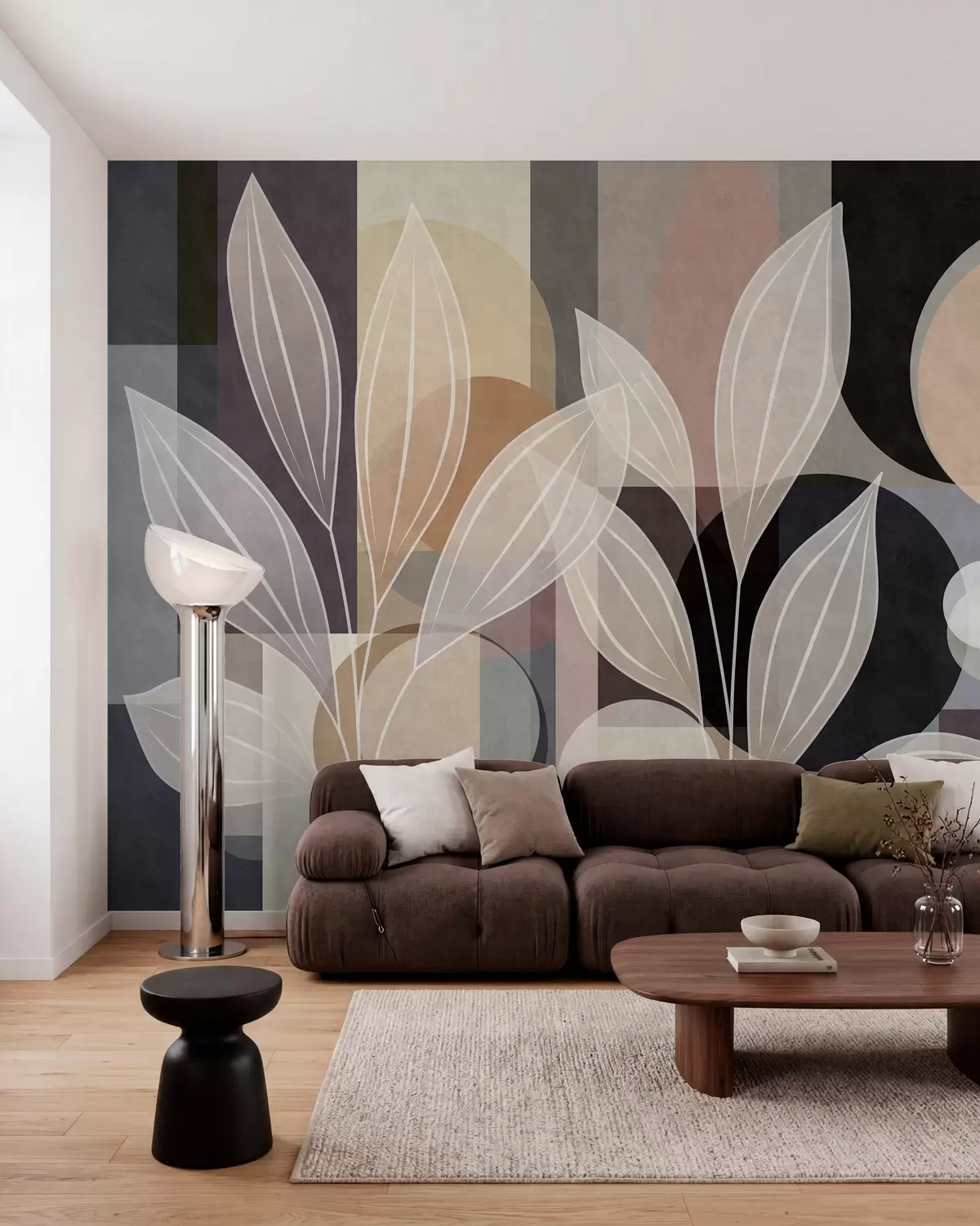 Fototapeta stylizowane liście na geometrycznym tle w odcieniach beżu i ciemnych kolorów w05987