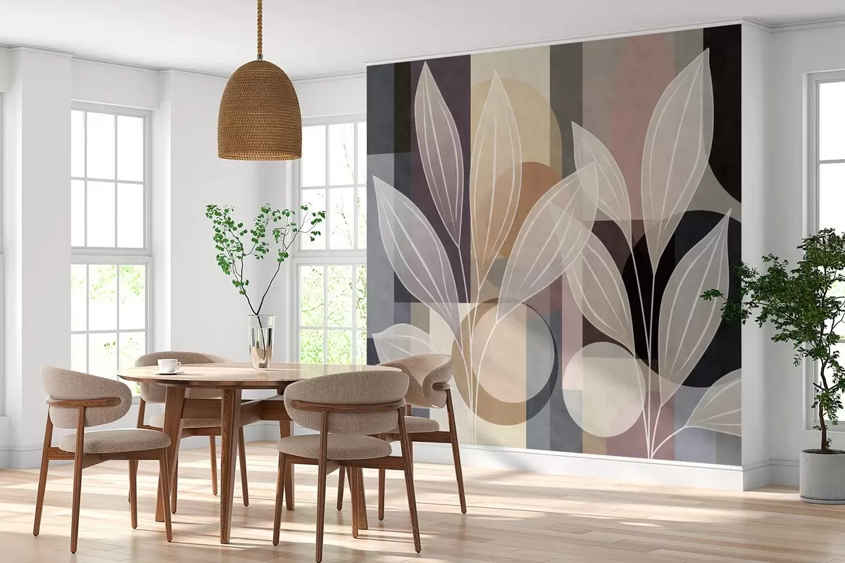 Fototapeta stylizowane liście na geometrycznym tle w odcieniach beżu i ciemnych kolorów w05987
