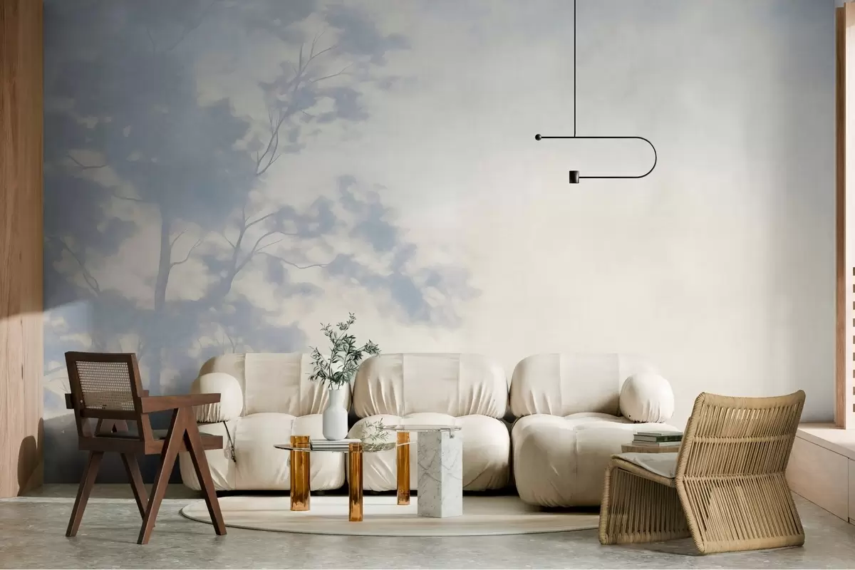 Fototapeta Drzewo o wyrazistej fakturze z gałęziami, na jasnokremowym i jasnoniebieskim tle, grafika w stylu minimalistycznym w10108