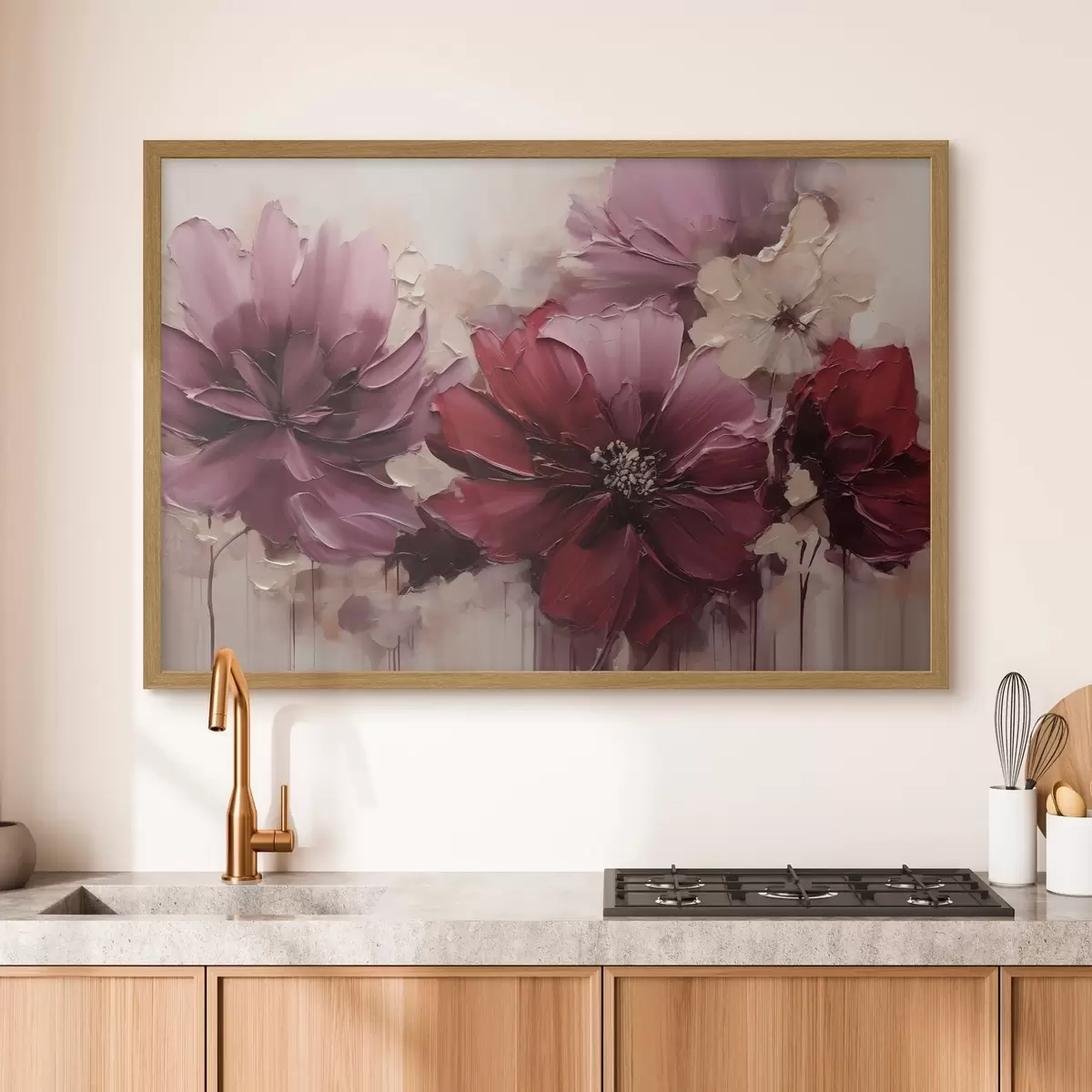 Plakat Bujne dalie w kolorze burgundowym i pudrowym f51086