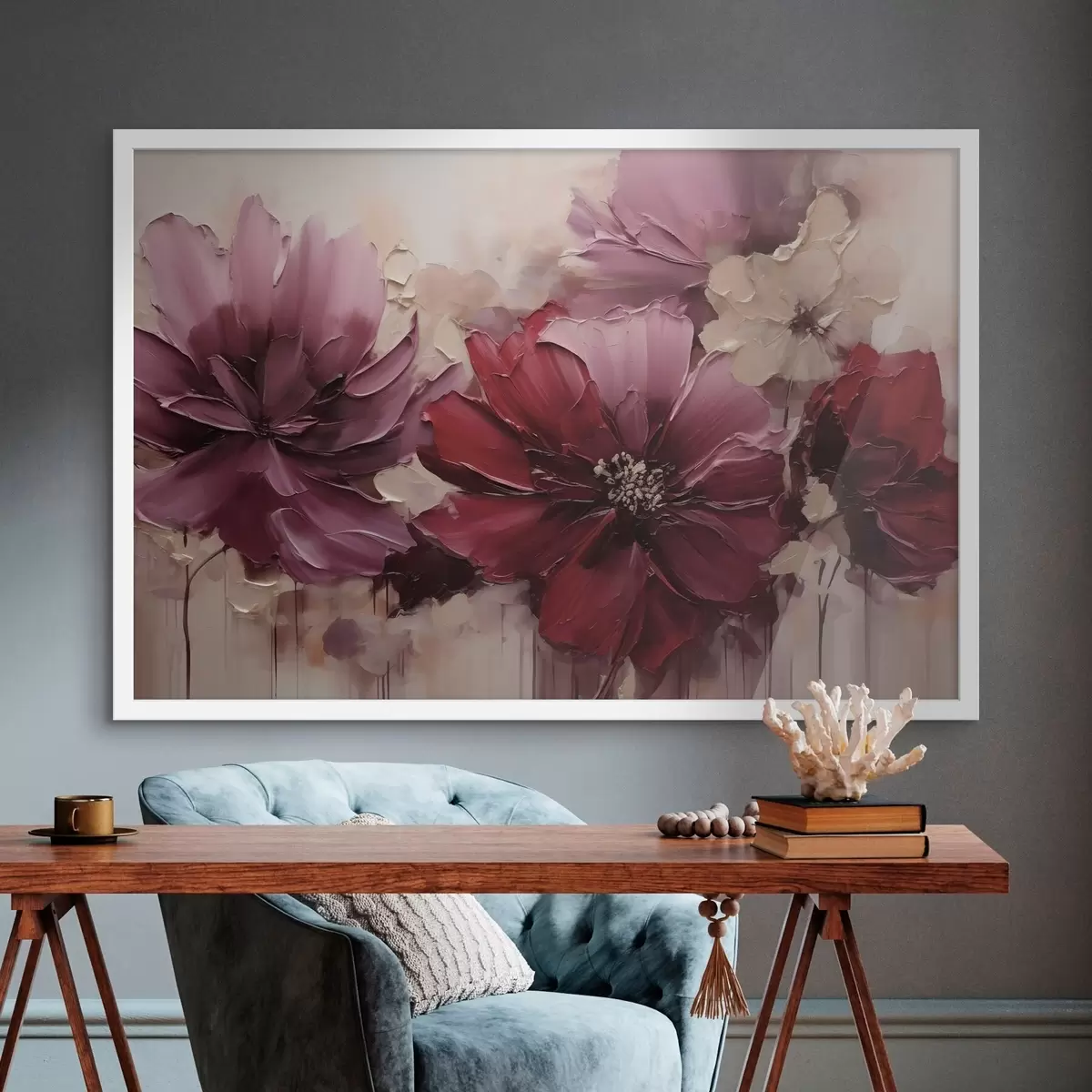 Plakat Bujne dalie w kolorze burgundowym i pudrowym f51086