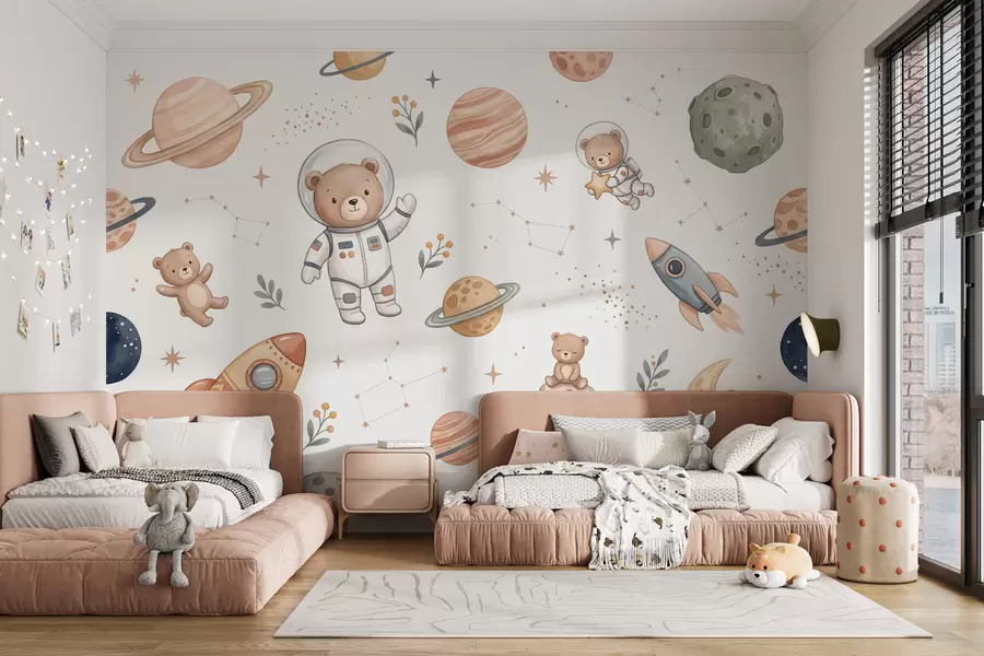 Fototapeta Urocze misie-astronauci wśród planet, rakiet i gwiazd, przedstawione w delikatnej, pastelowej stylistyce akwarelowej w10096