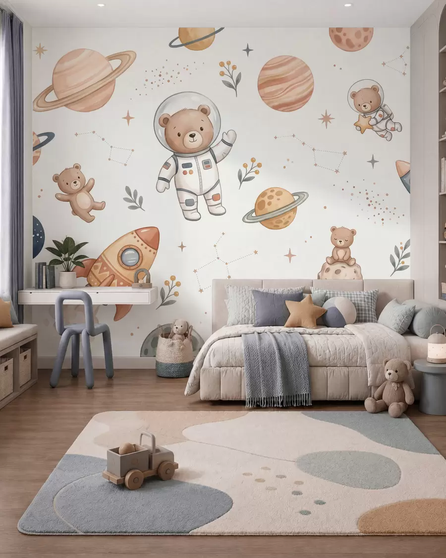 Fototapeta Urocze misie-astronauci wśród planet, rakiet i gwiazd, przedstawione w delikatnej, pastelowej stylistyce akwarelowej w10096