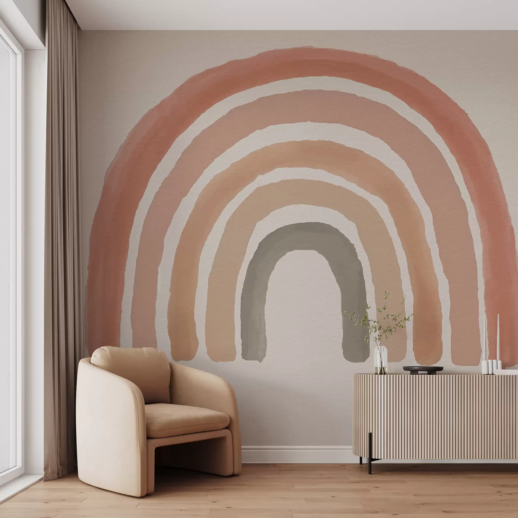 Fototapeta tapeta w stylu boho: koralowa brzoskwinia, różowa tęcza. Pastelowa tęczowa ściana w kolorze różowym u93566