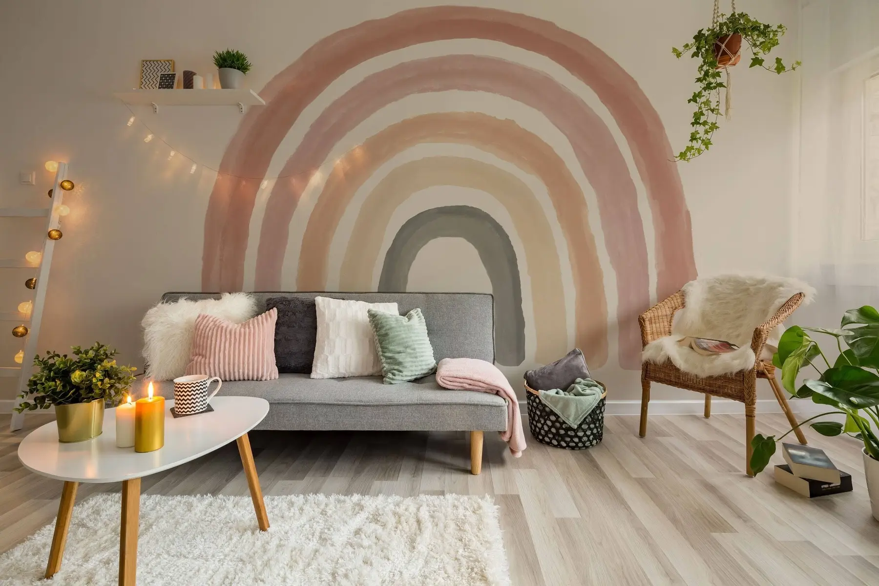 Fototapeta tapeta w stylu boho: koralowa brzoskwinia, różowa tęcza. Pastelowa tęczowa ściana w kolorze różowym u93566