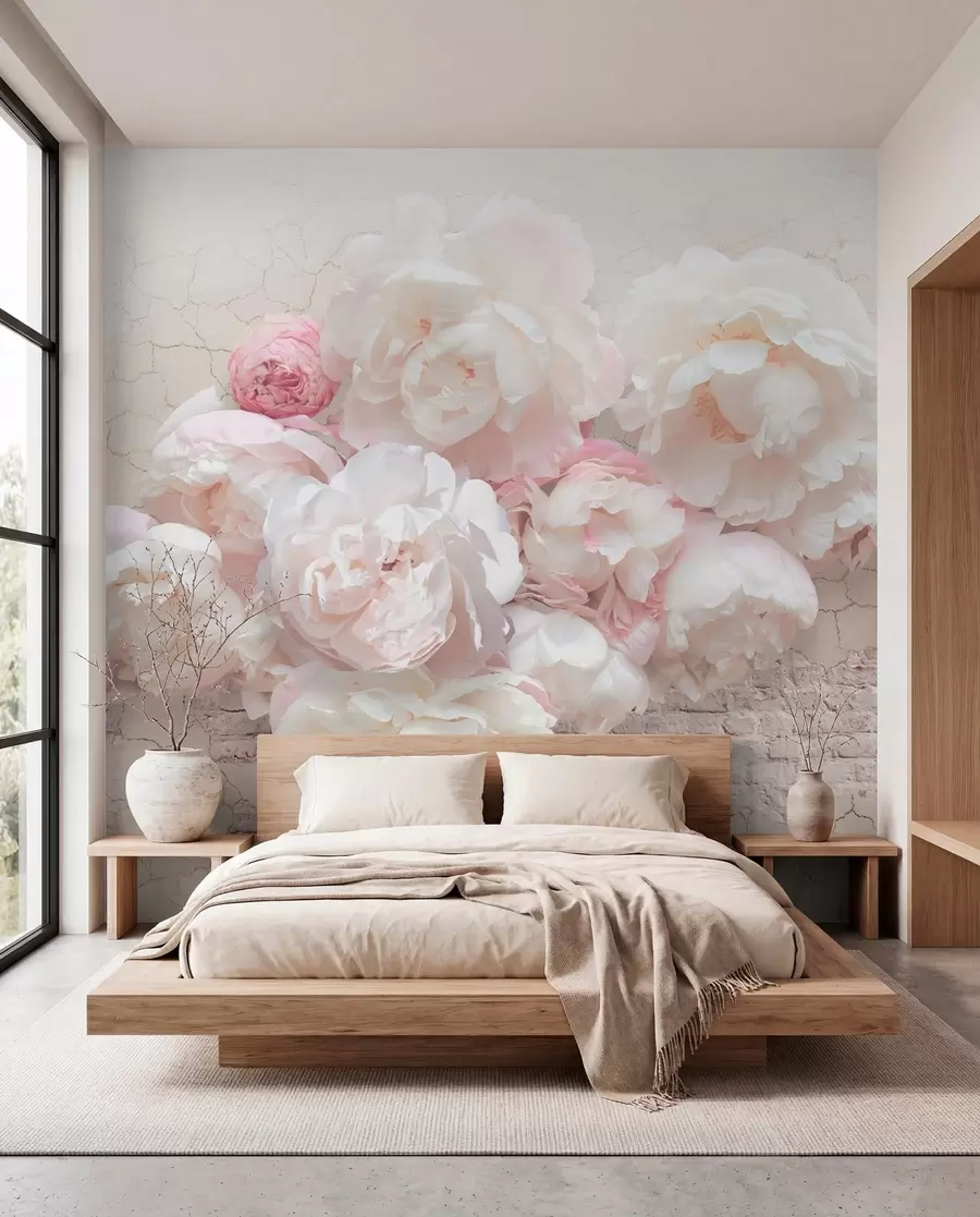 Fototapeta Białe peonie na zniszczonej ścianie u79549