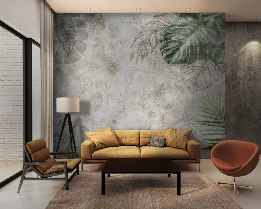 Fototapeta Tropikalne liście na starzejącej się ścianie u93964