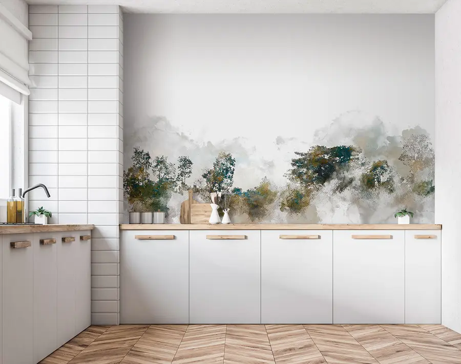 Fototapeta Akwarela krajobraz z drzewa farby akwarelowe u75377