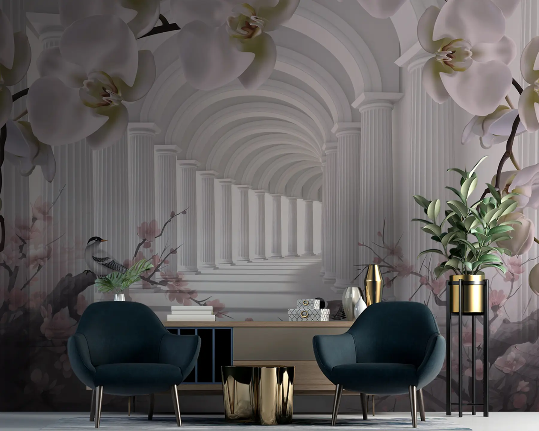 Fototapeta Piękny tunel z ptakami i orchideami u94513