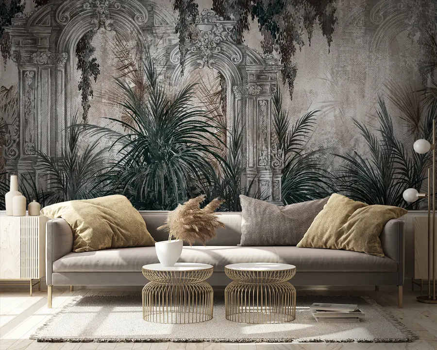 Fototapeta Starożytna architektura z tropikalnymi liśćmi u95500