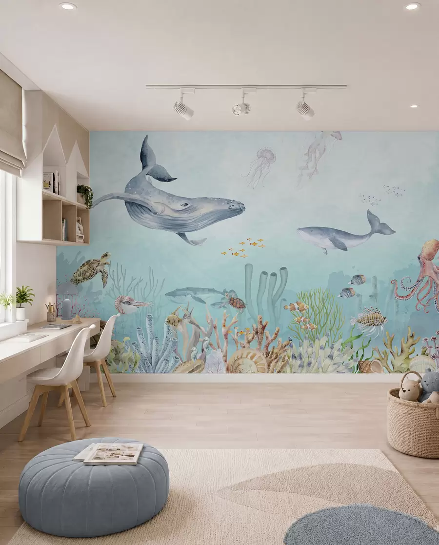 Fototapeta Wszechświat morski, wielkie wieloryby, ryby i żółwie u95446