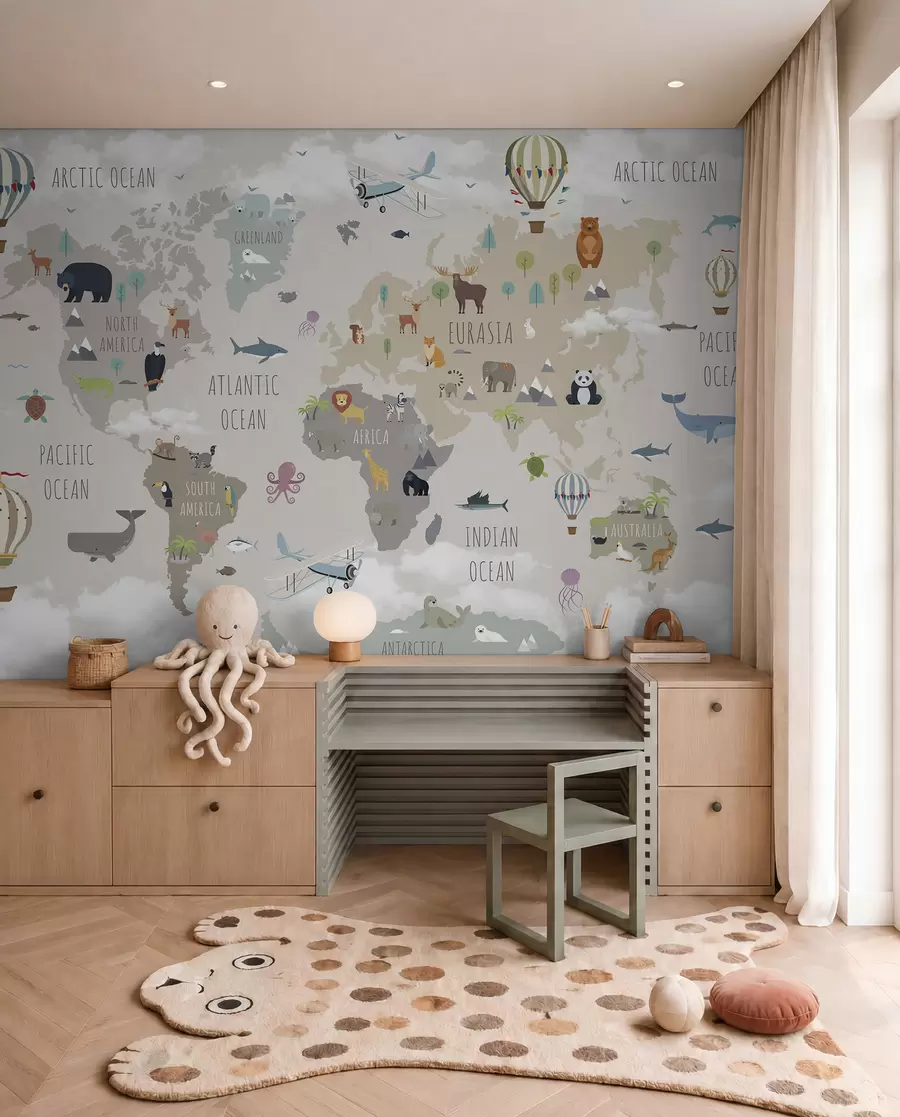 Fototapeta Mapa świata ze zwierzętami i balonami u96461