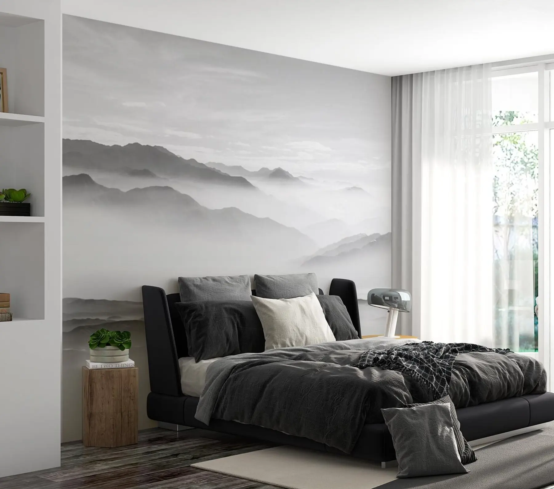 Fototapeta Widok na szare góry we mgle minimalizm monochromatyczny u96922