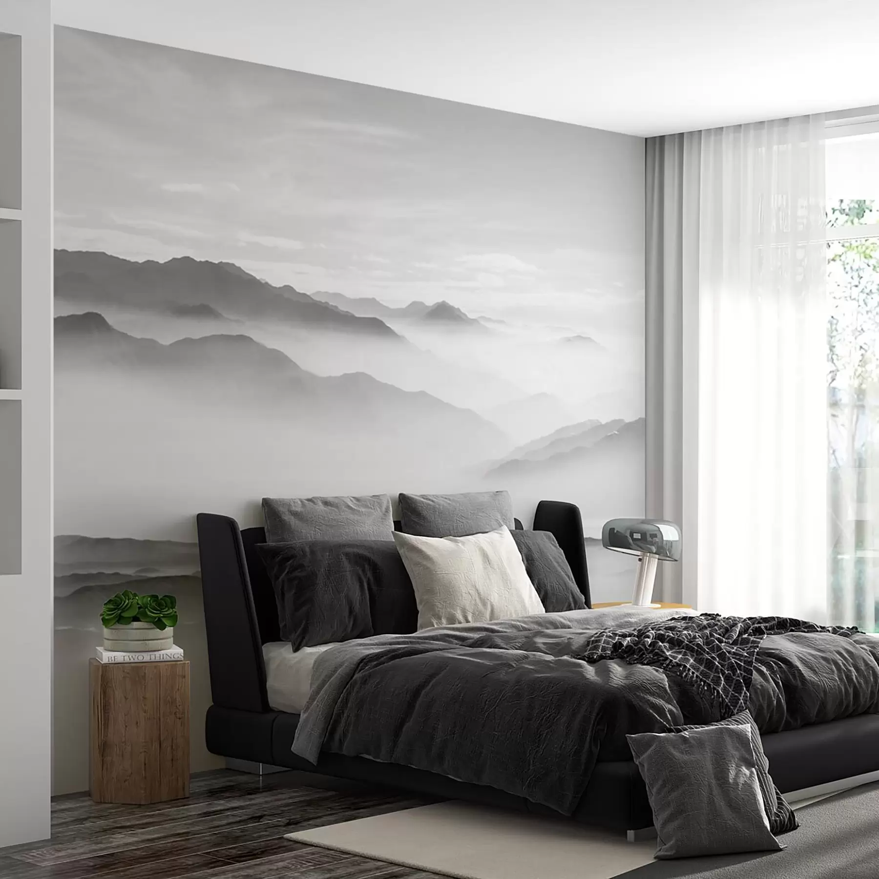 Fototapeta Widok na szare góry we mgle minimalizm monochromatyczny u96922