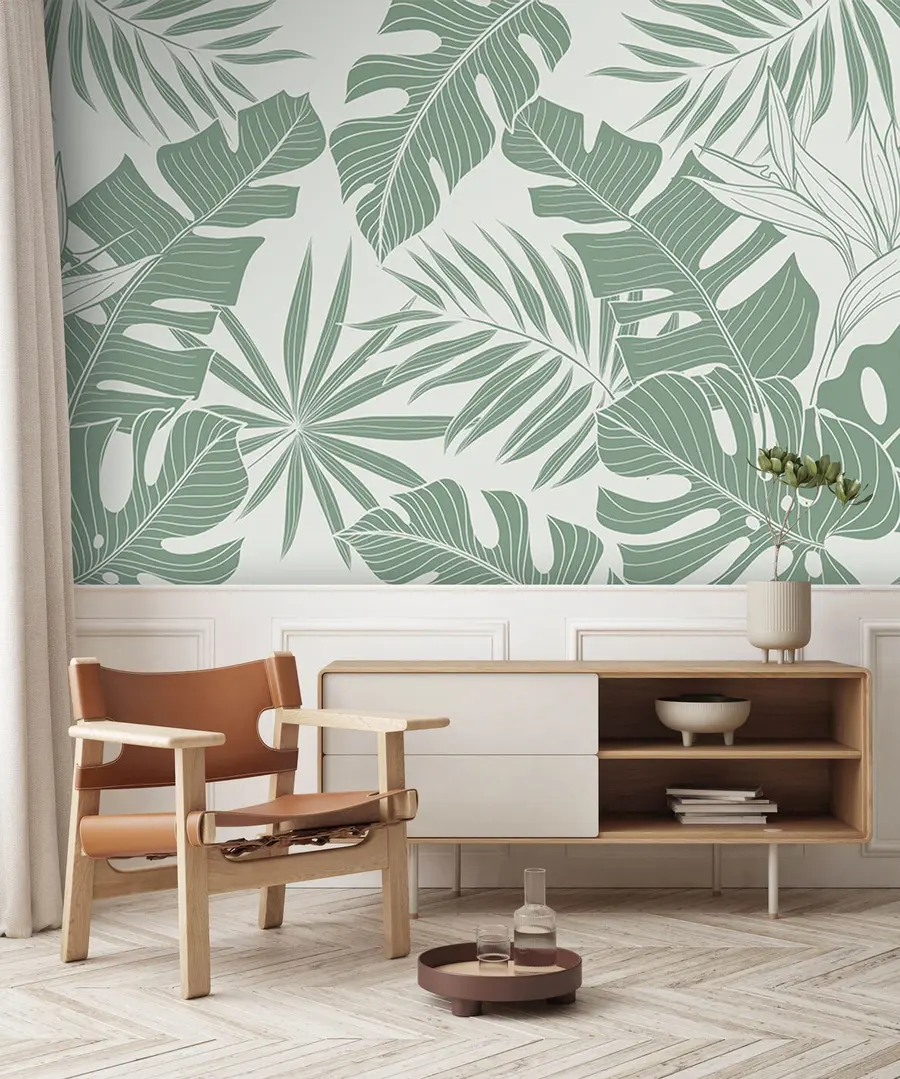 Fototapeta Liście palmy Monstera w minimalnej jasnozielonej barwie u96909