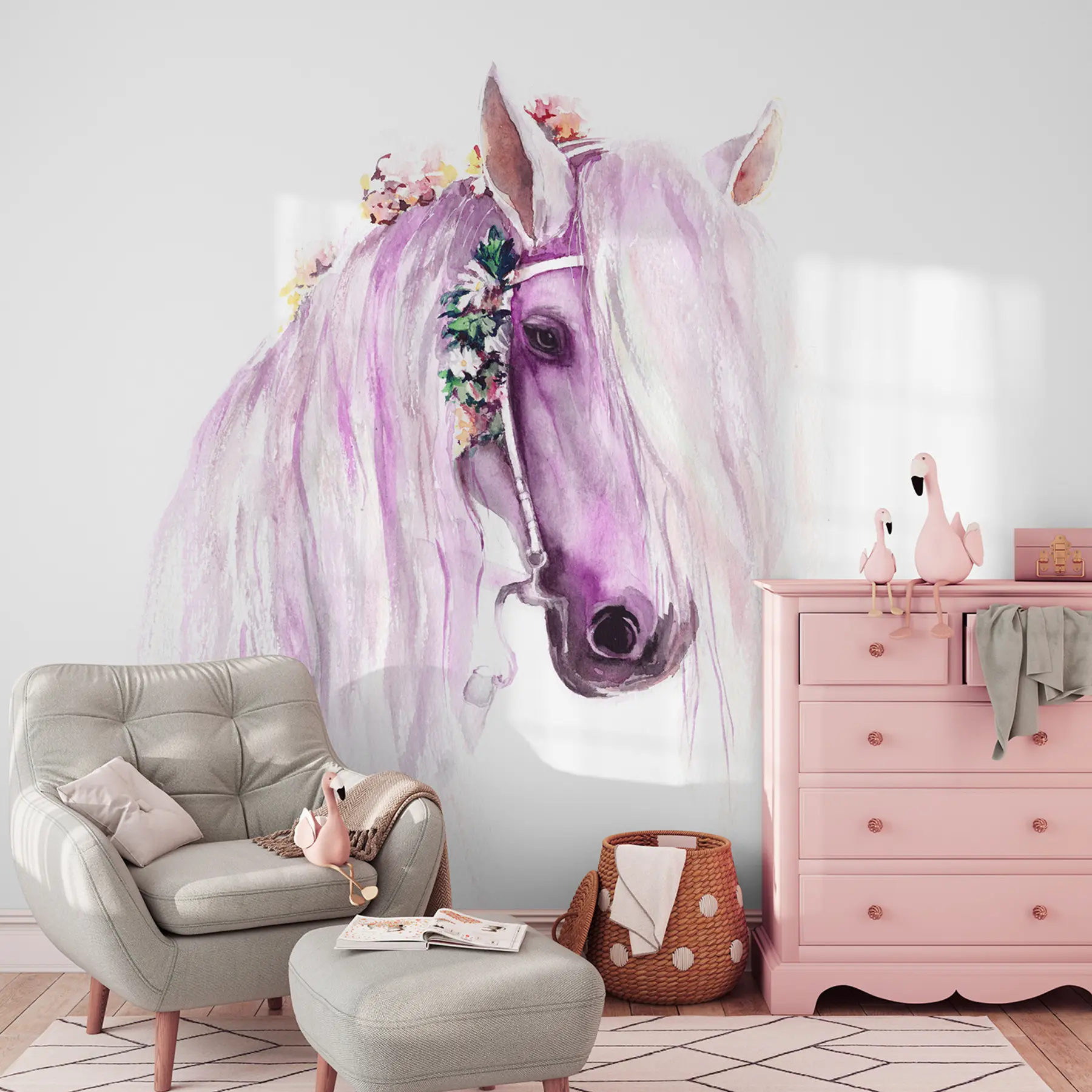 Fototapeta Niebieski koń z kwiatami w grzywie w fioletowych kolorach u93591v1