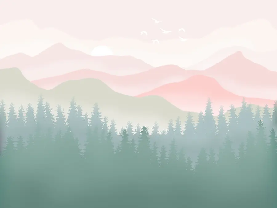 Fototapeta Mgliste góry z sosnowym lasem, delikatne naturalne kolory, różowy i zielony u98774