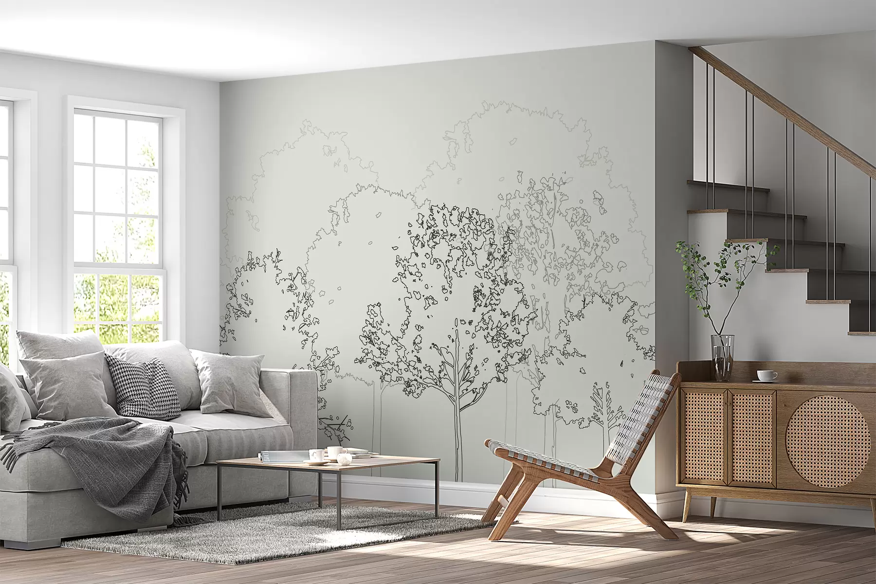 Fototapeta Minimalistyczny design z konturami drzew, leśny krajobraz, miękki zielony kolor u98846