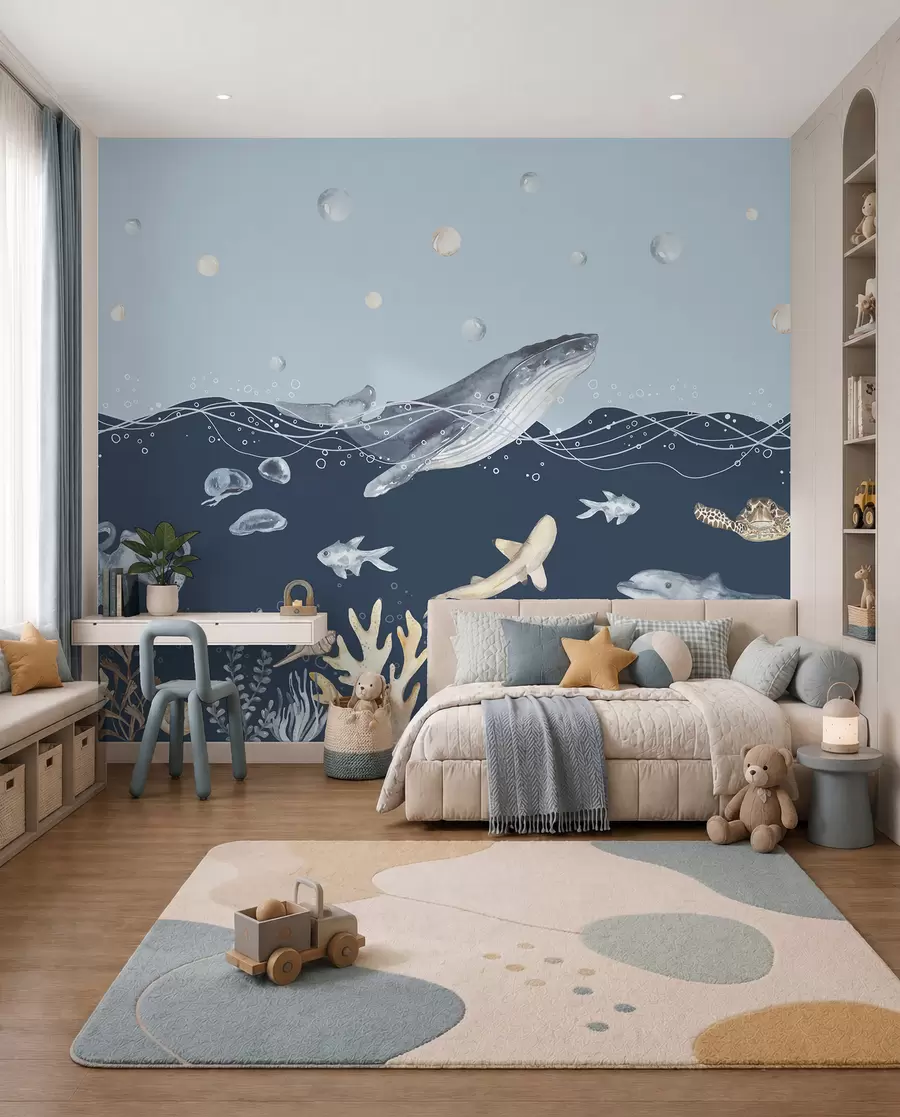 Fototapeta Podwodne życie morskie, wieloryb, delfin, koralowce, zwierzęta morskie, motyw oceanu, pastelowe kolory u98902