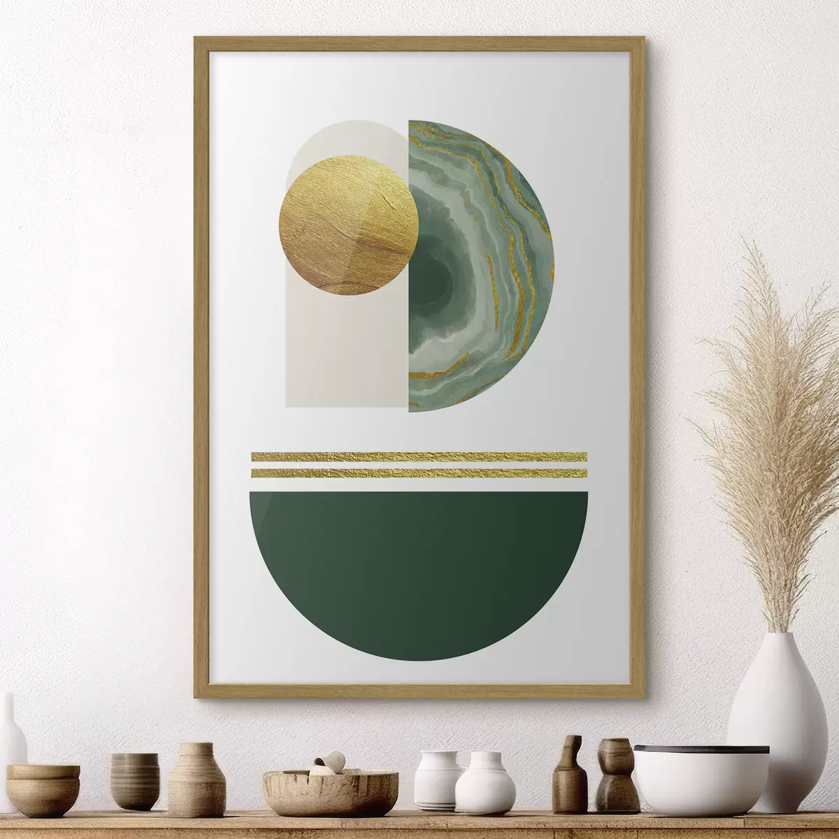 Plakat Geometryczne zielone półkola i żółte koło f35986