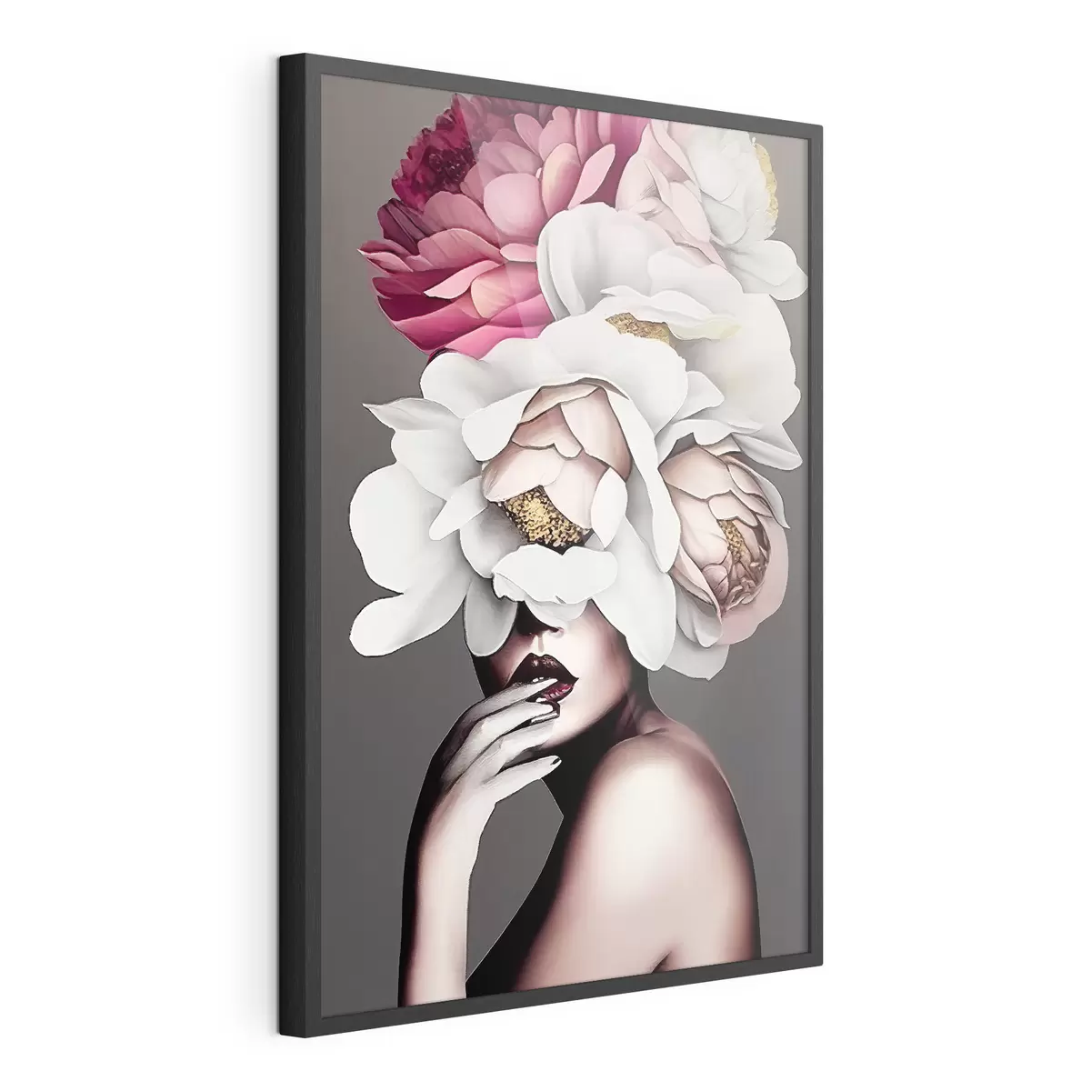 Plakat Ilustracja kobiety z kwiatami na szarym tle f34601