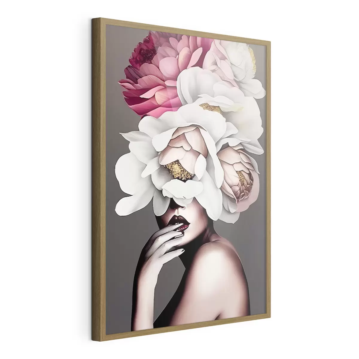 Plakat Ilustracja kobiety z kwiatami na szarym tle f34601