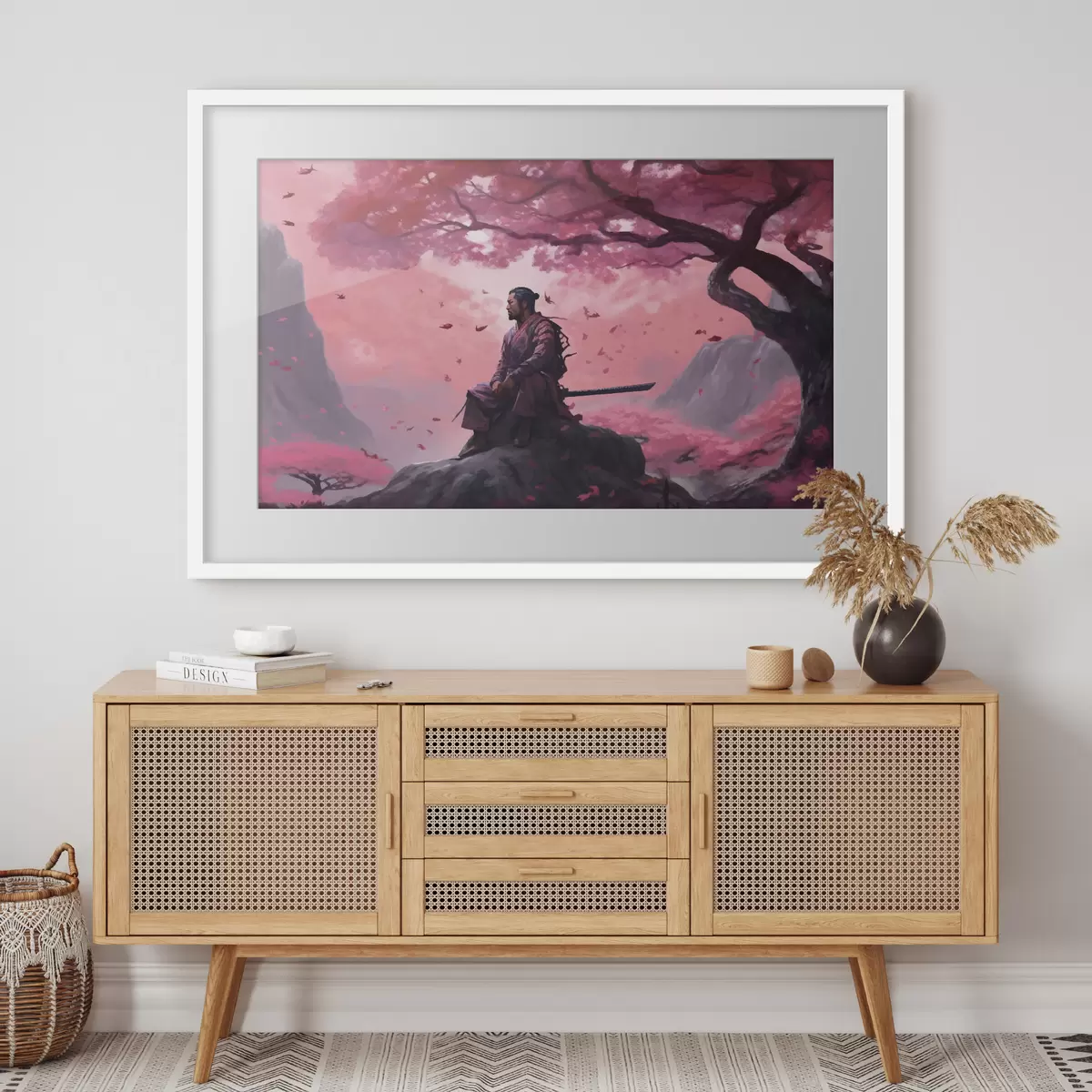 Plakat Malowany samuraj pod drzewem kwitnącej wiśni f33526