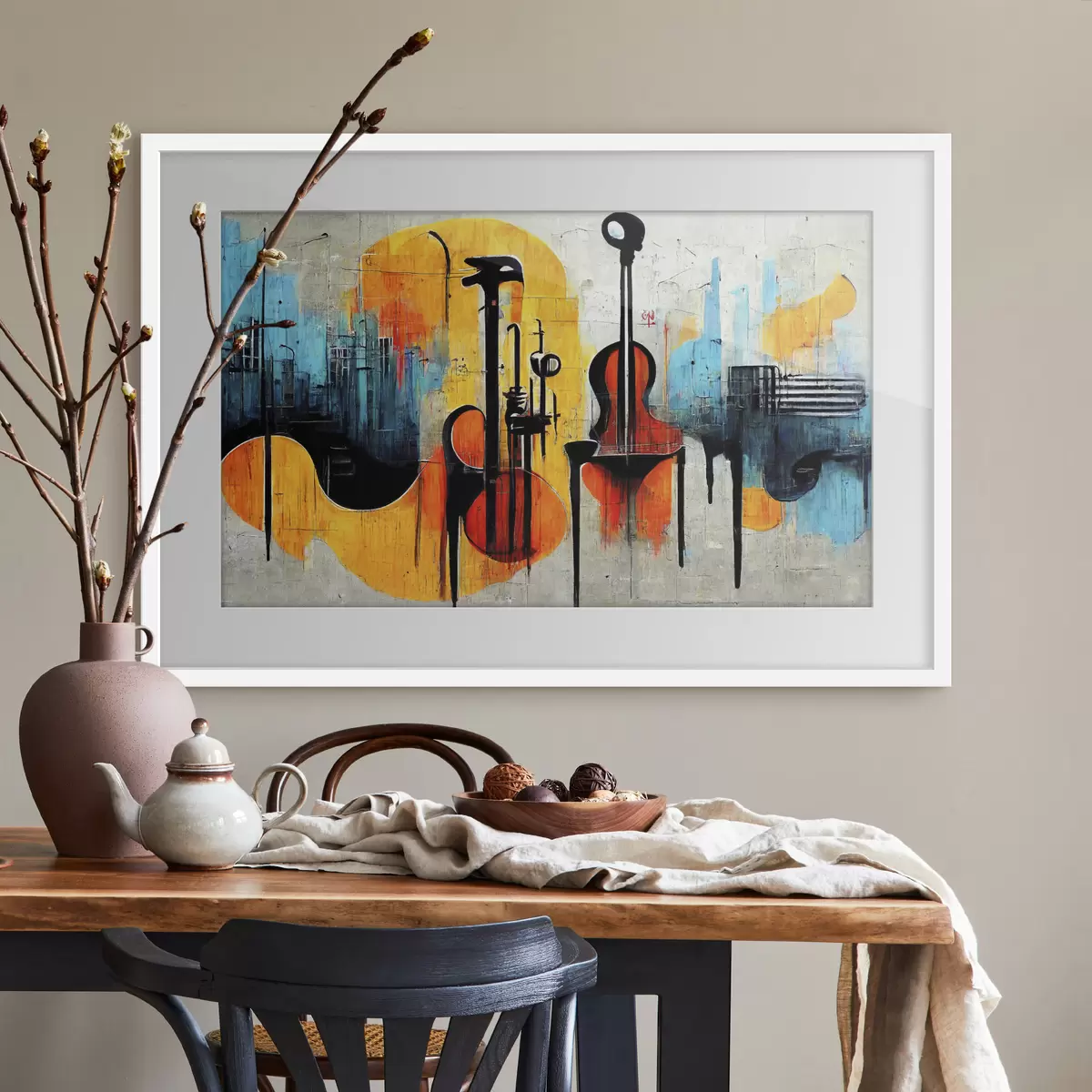 Plakat Sztuka uliczna z sylwetkami instrumentów muzycznych f33044