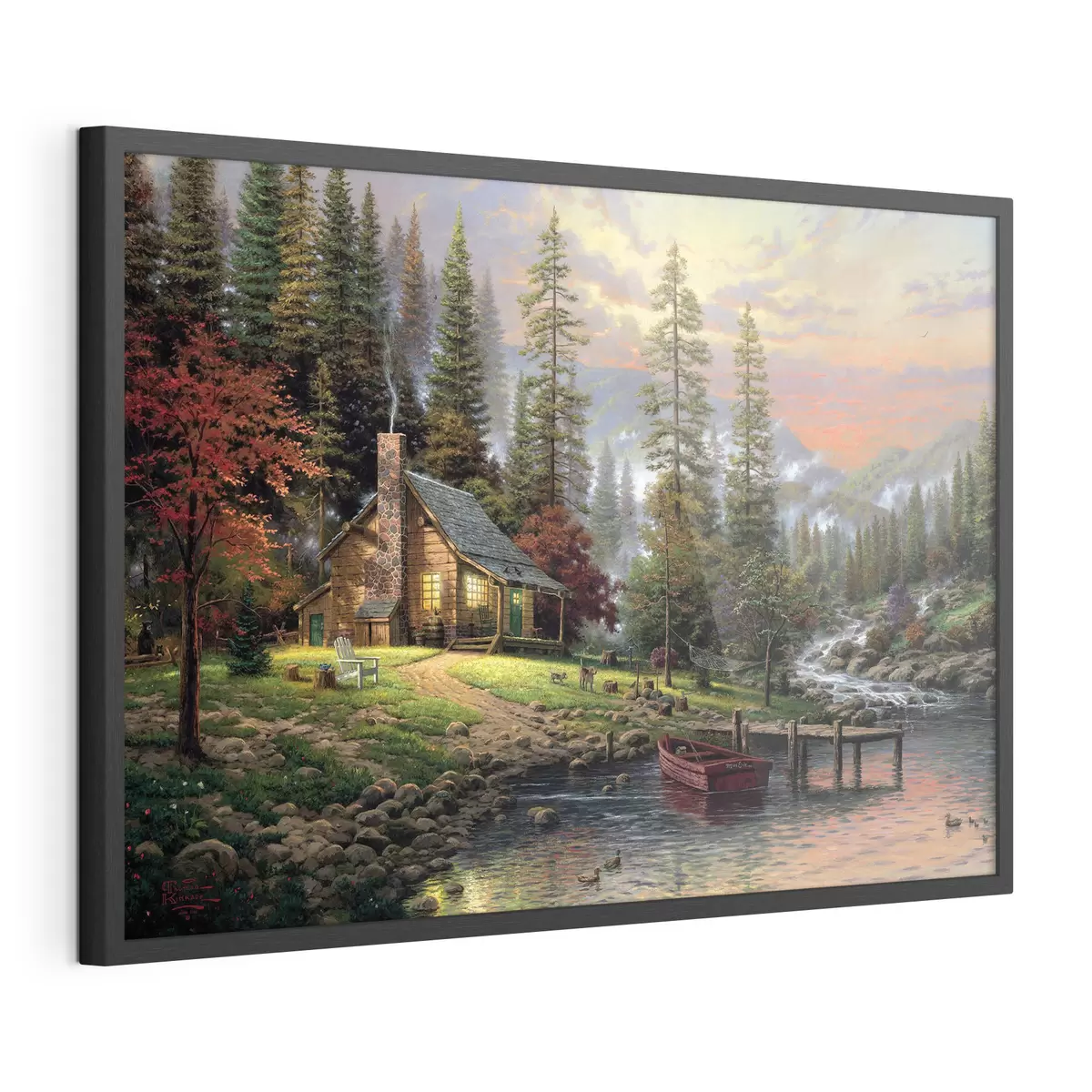 Plakat Chata rybacka w lesie w pobliżu strumienia f15556