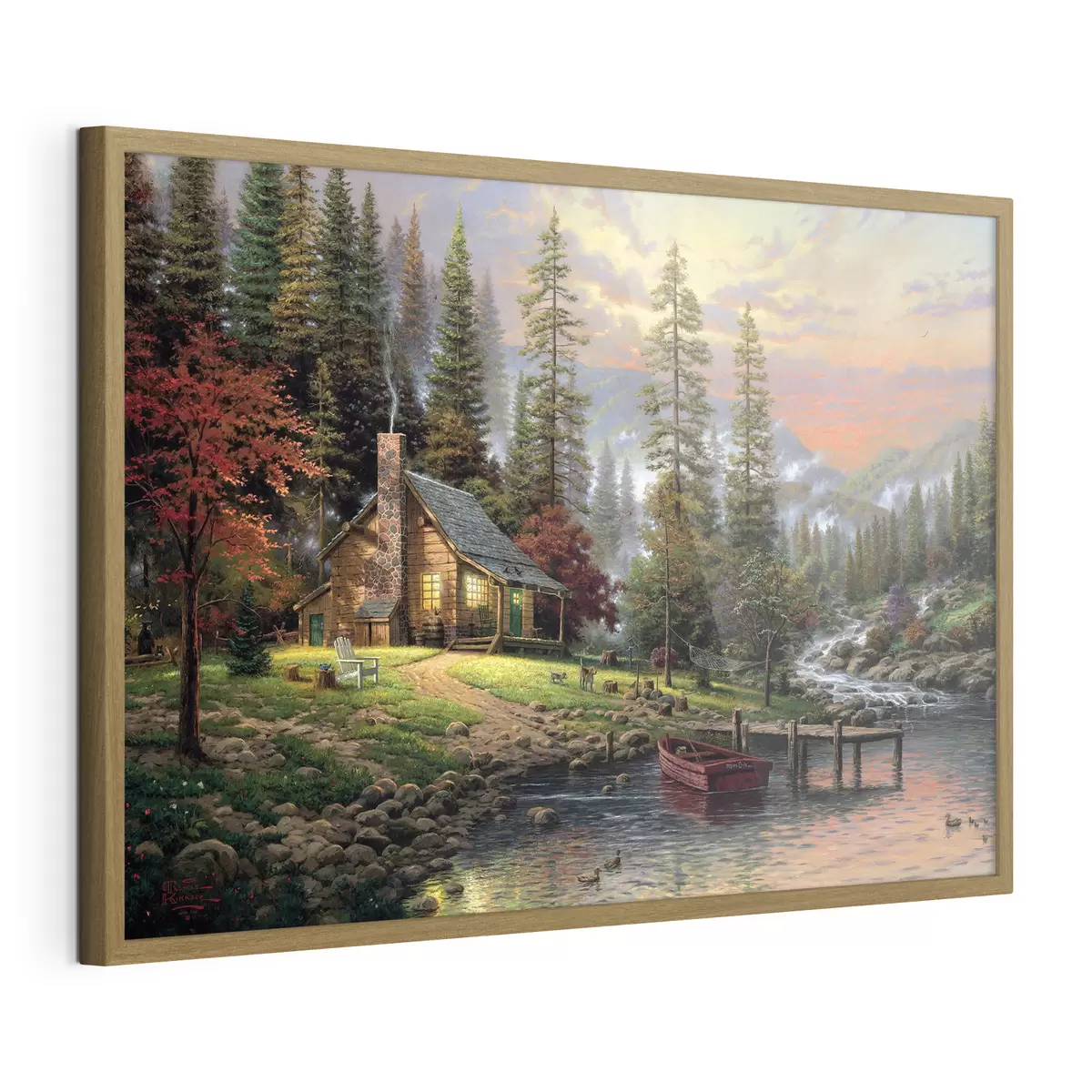 Plakat Chata rybacka w lesie w pobliżu strumienia f15556