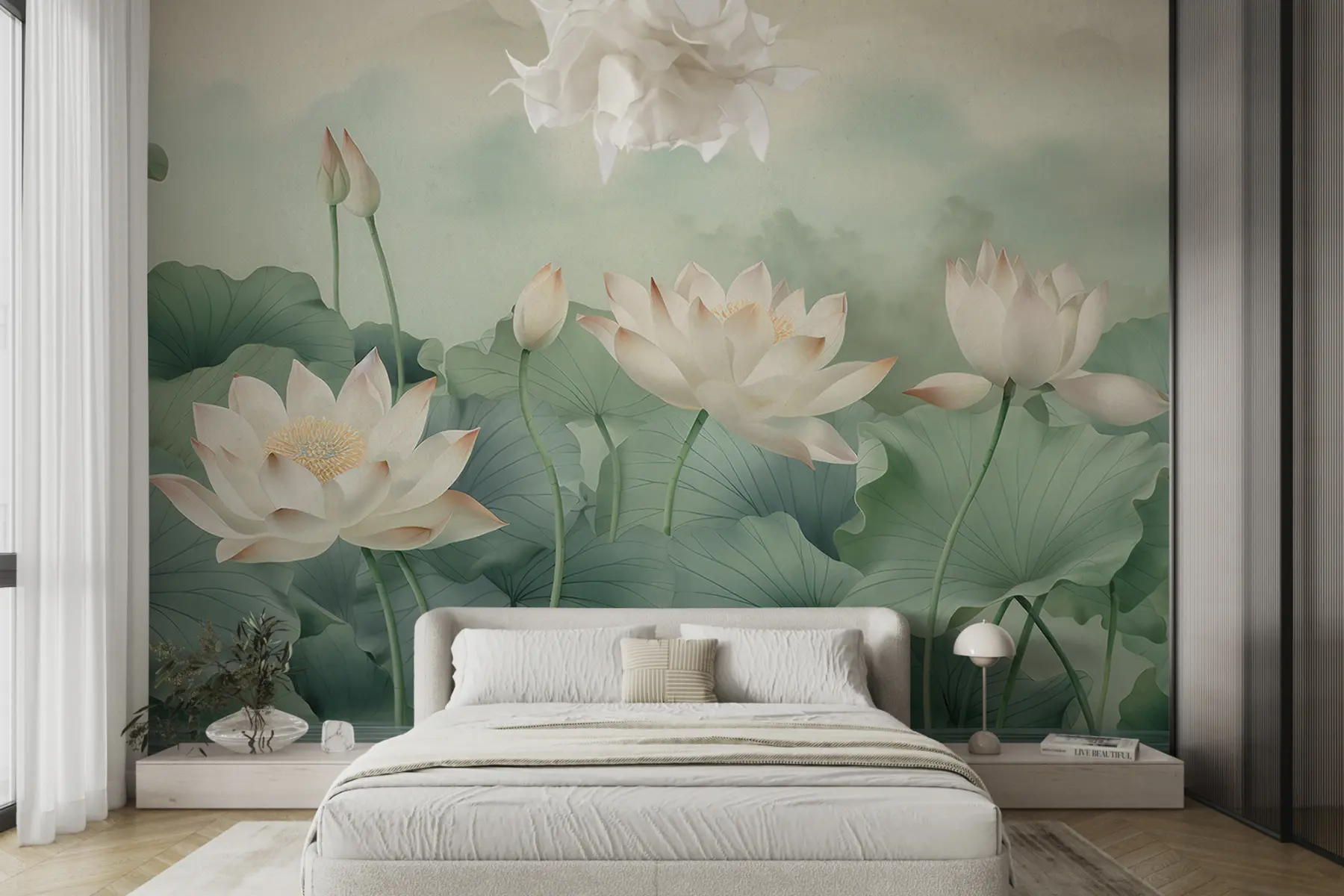 Fototapeta Kwiaty lotosu w jeziorze, mgła, sztuka tropikalna, zieleń u99455